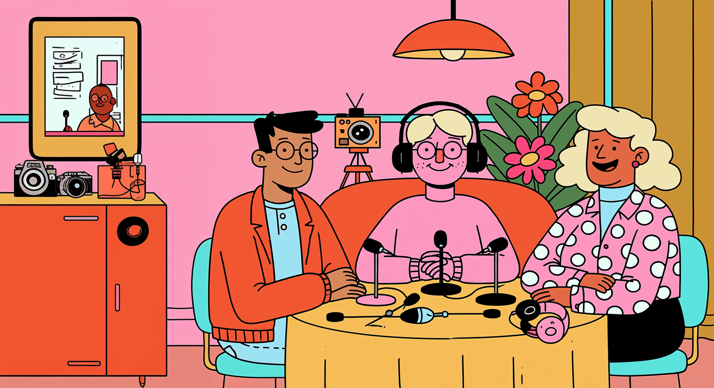 Trois personnes en conversation autour d'une table de podcast, micros et caméra